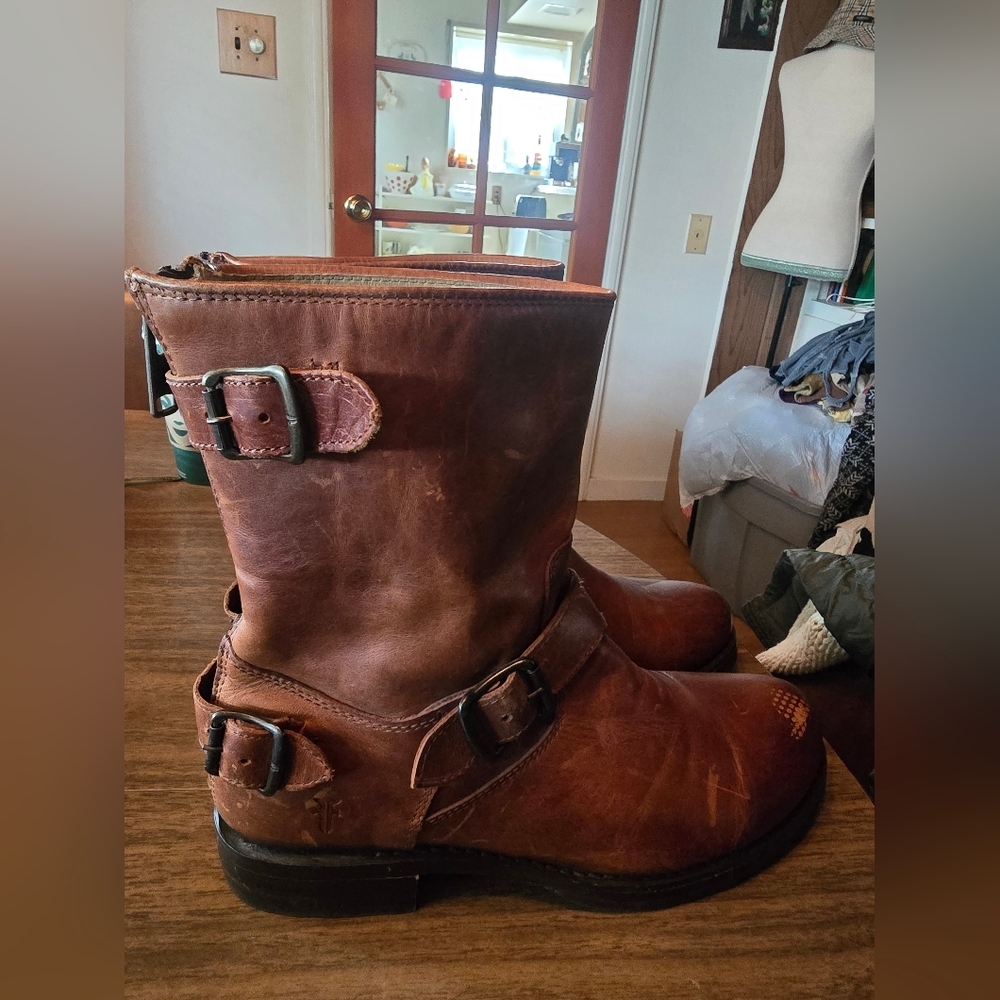 Frye Brown Leather Motorcycle Boots with Buckles